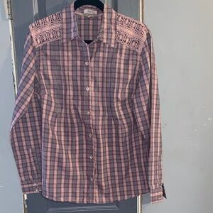 Route 66 Pink and Blue Plaid Button-Down Shirt with Lace
